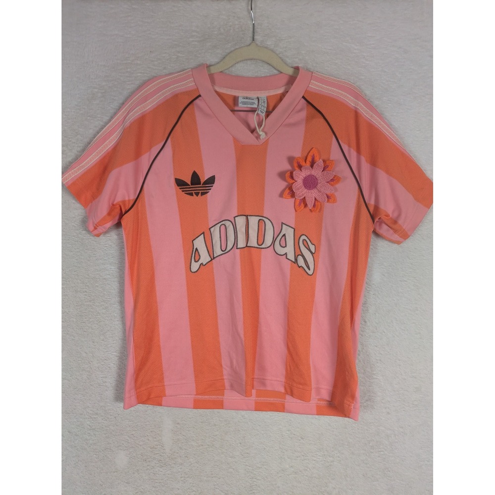 Adidas Soccer Jersey Women's Small Pink Orange Striped Crochet Flower Trefoil